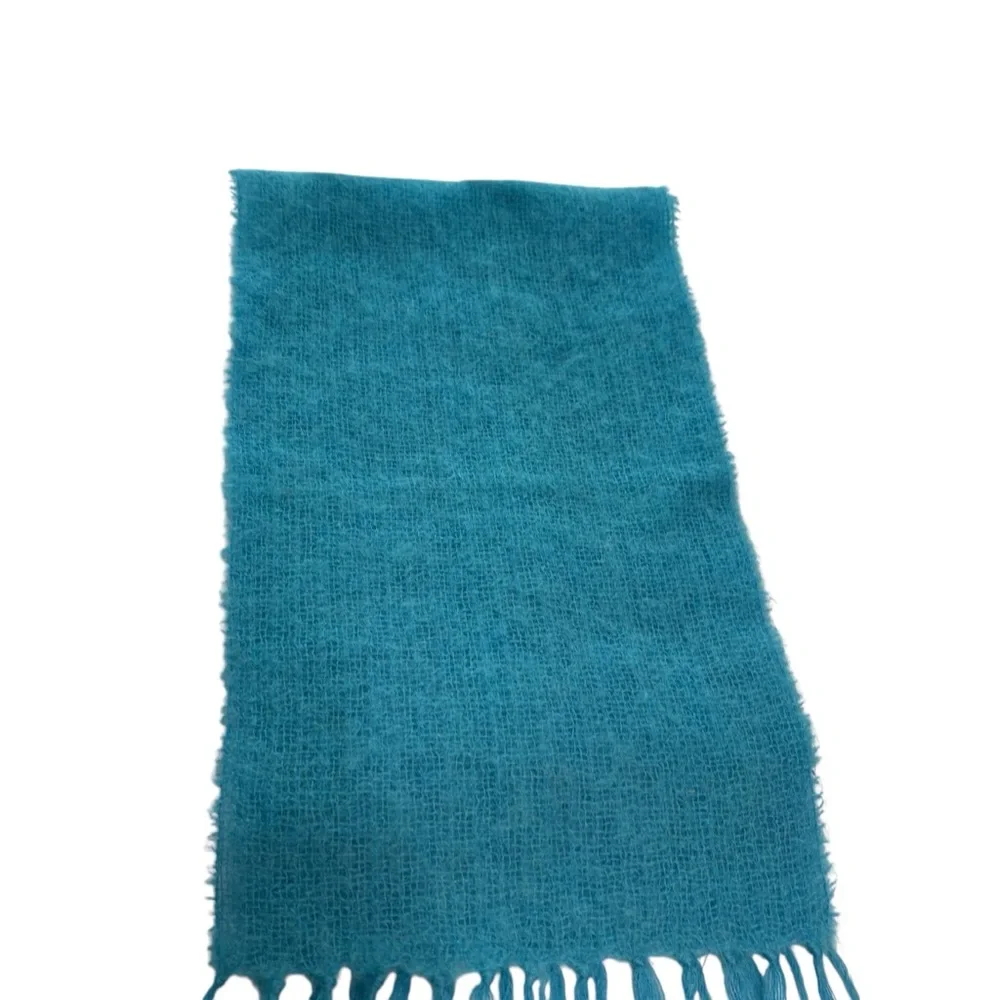 John Hanly Made in Ireland Bright Light Blue Artsy Knit Fringe Scarf Mohair Wool